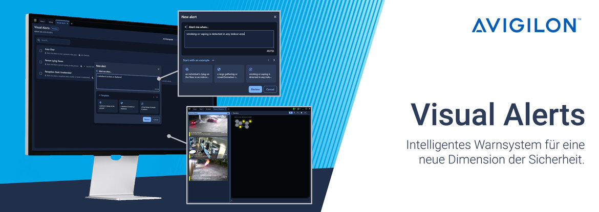 Banner mit Avigilon Visual Alerts Benutzeroberfläche und Monitoransicht – intelligentes Warnsystem zur visuellen Erkennung von Ereignissen, vorgestellt von TRIOTRONIK.