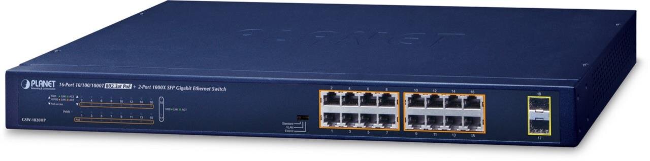 16-Port 10/100/1000T 802.3at POE + 2-Port 1000X SFP Gbit Ethernet Switch