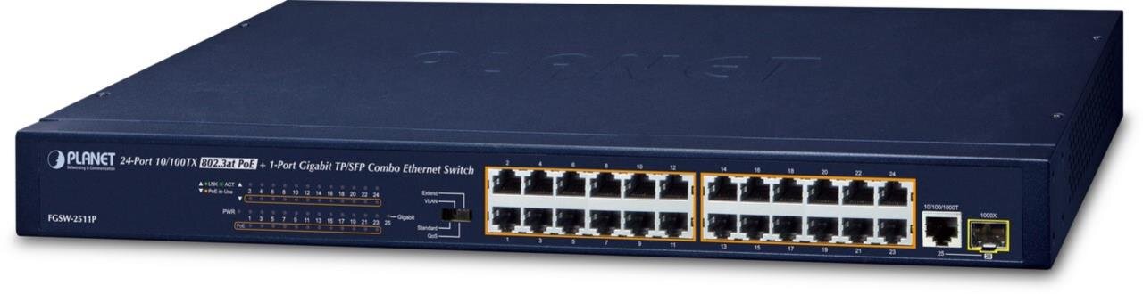 24-Port 10/100BASE-TX 802.3at PoE + 1-Port Gigabit TP/SFP Combo Ethernet Switch