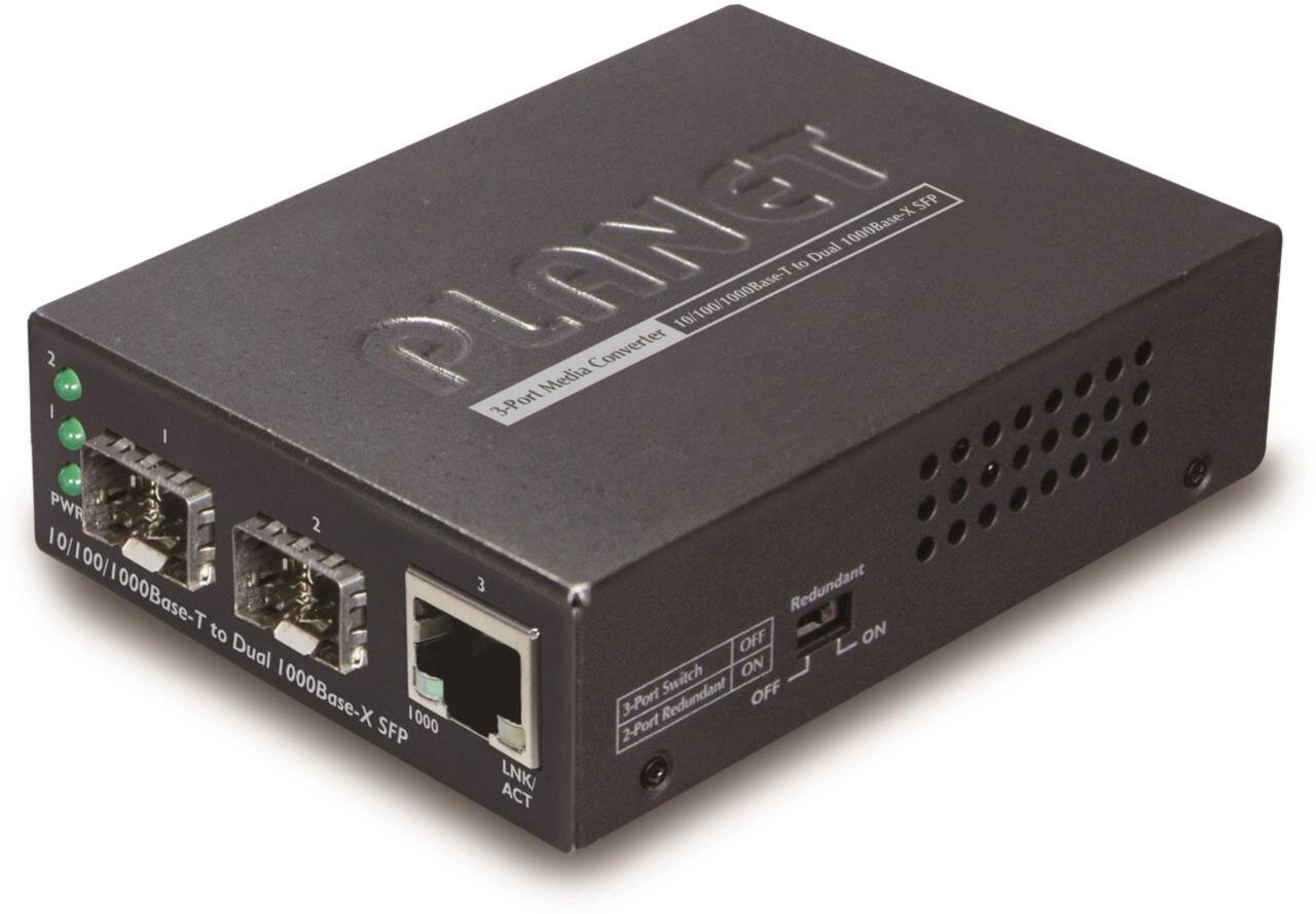 1Port 10/100/1000Base-T to 2Port Gigabit SFP Media Converter