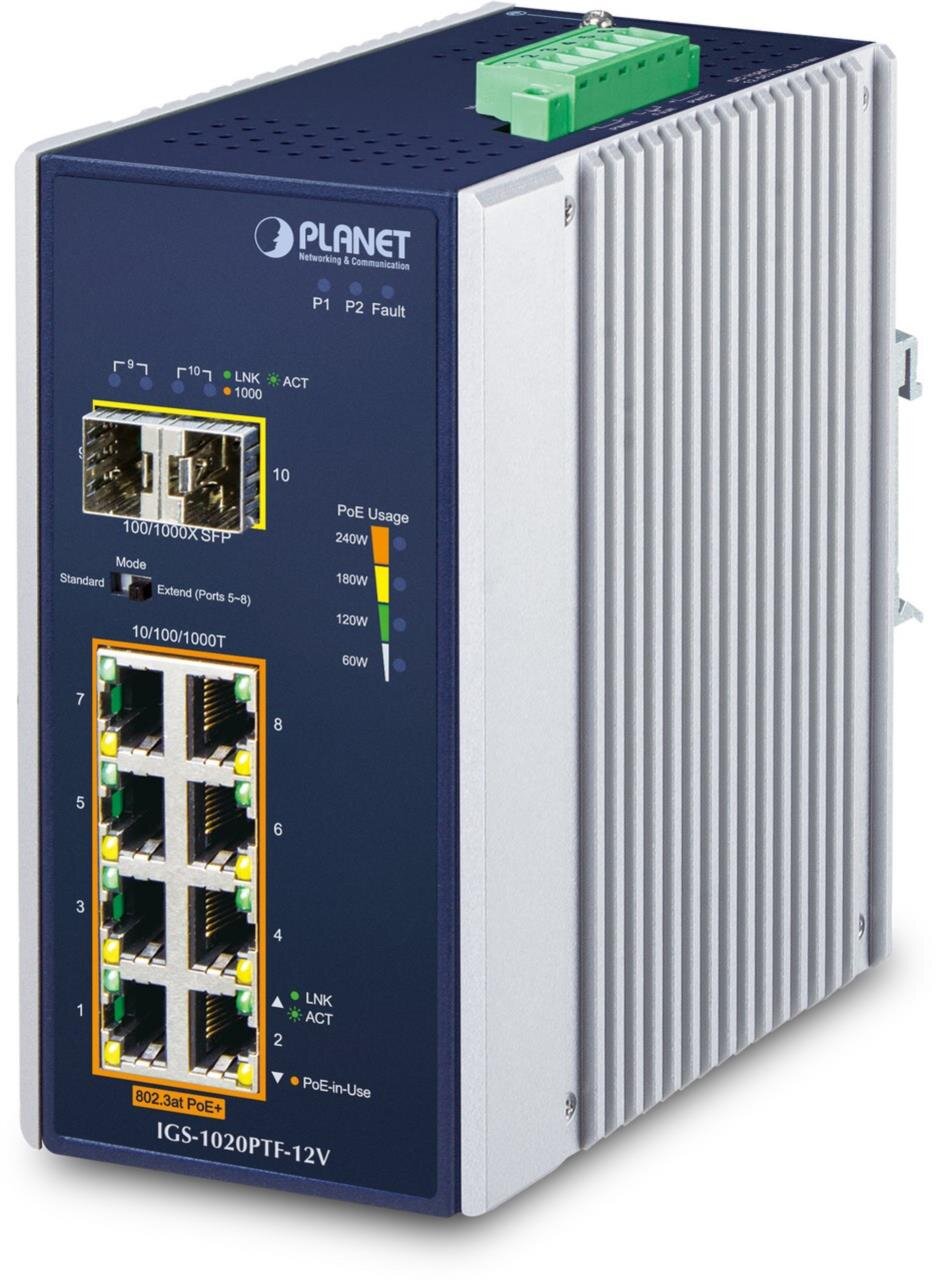 IP30 Industrial 8-Port 10/100/1000T 802.3at PoE + 2-Port SFP, w/ 12V Booster