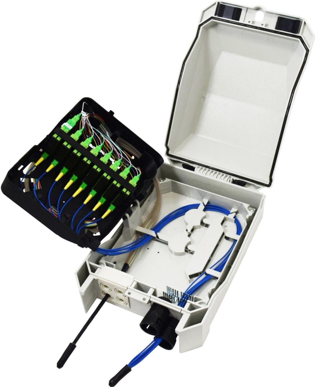 FTTx IP55 Wand Patch-/Spleissbox, inkl. Spleisskassetten, 48 Kupplungen