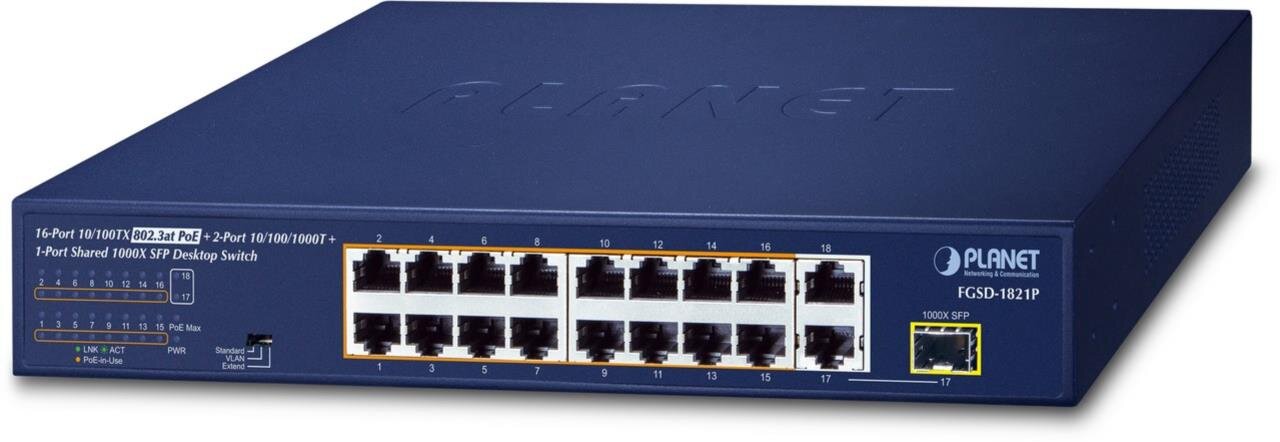 16-Port 10/100TX 802.3at POE +  2-Port 10/100/1000T + 1-Port SFP, Desktop Switch