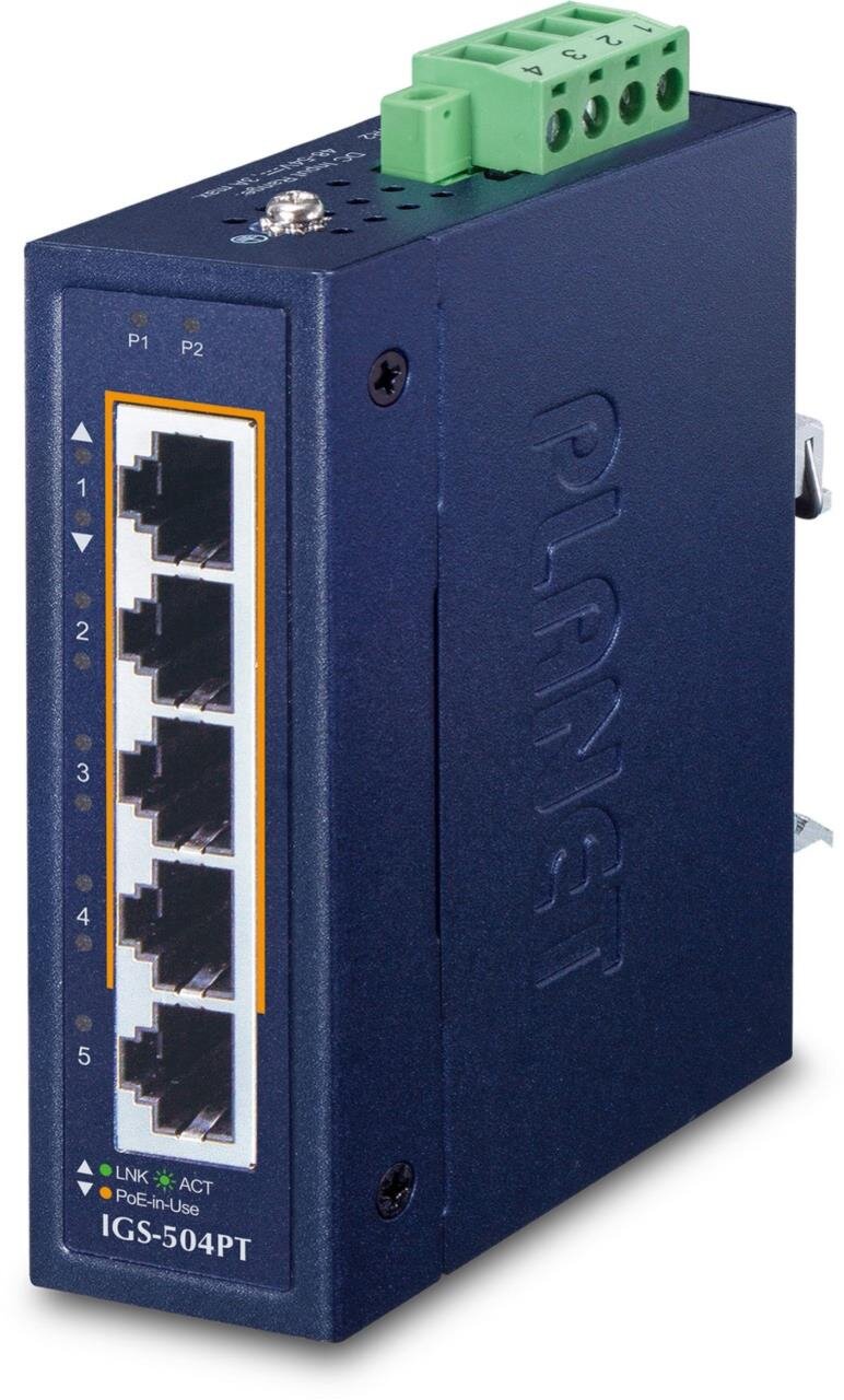 Industrial 4-Port Gbit 802.3at  PoE + 1-Port 10/100/1000T Switch, -40°C - +75°C
