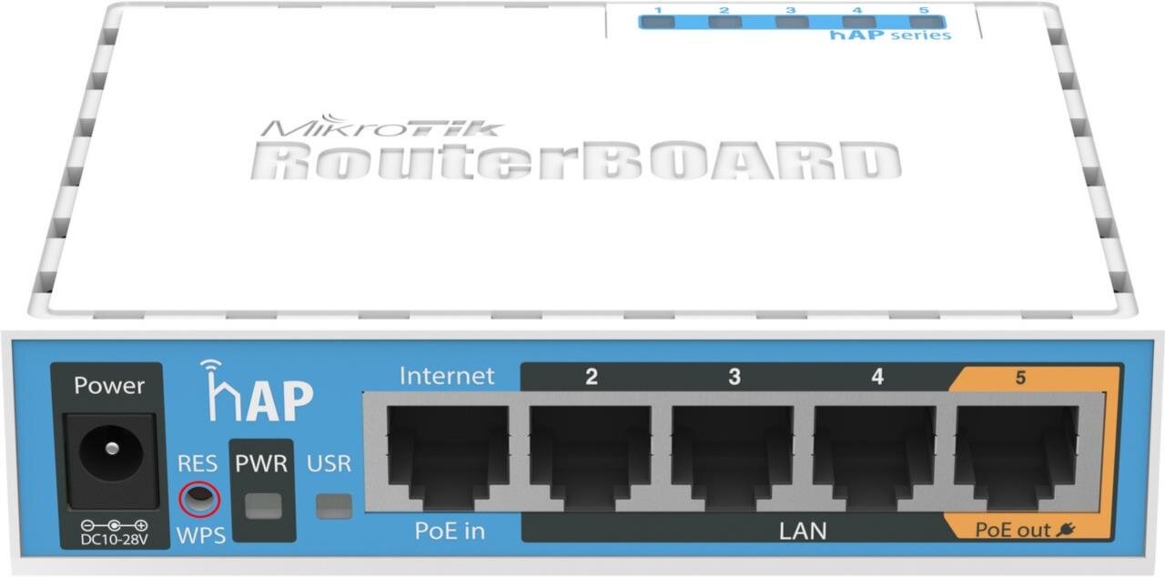 hAP mit 650 MHz CPU, 64 MB RAM, 5x LAN, 2.4 GHz 802.11b/g/n
