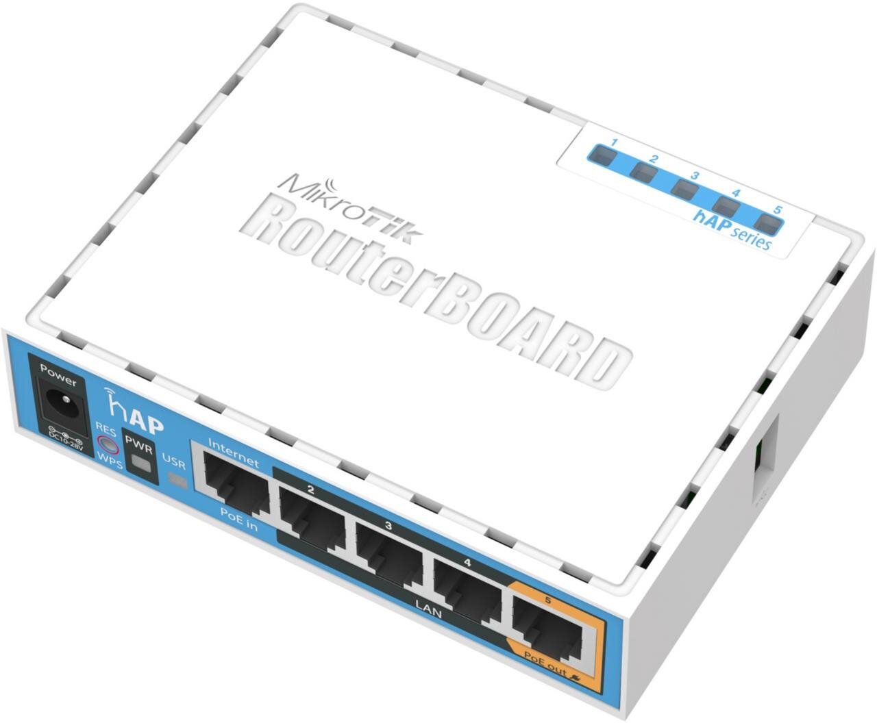 hAP mit 650 MHz CPU, 64 MB RAM, 5x LAN, 2.4 GHz 802.11b/g/n