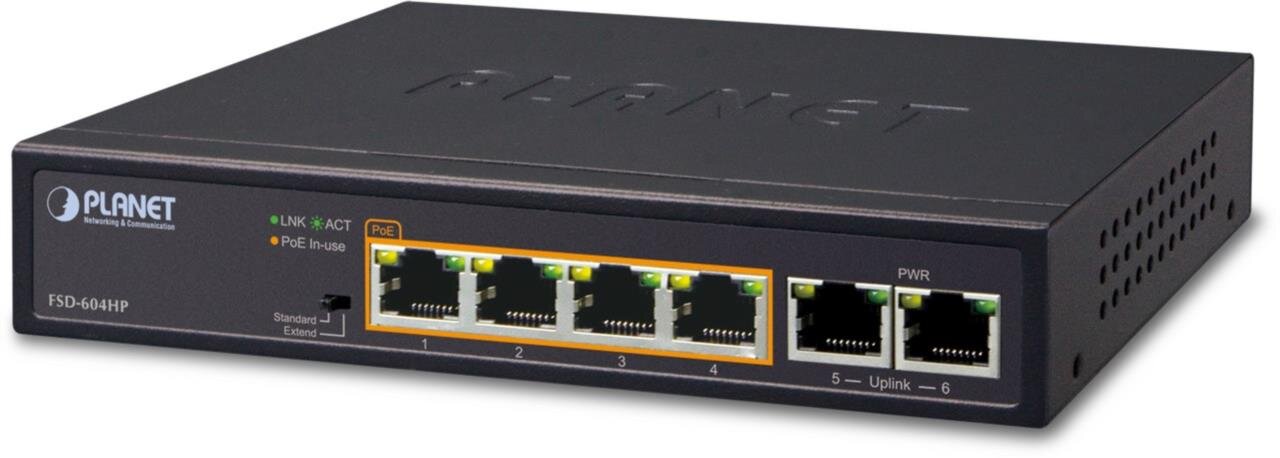 4-Port 10/100TX 802.3af/at PoE + 2-Port 10/100TX Desktop Switch, 60W PoE Budget