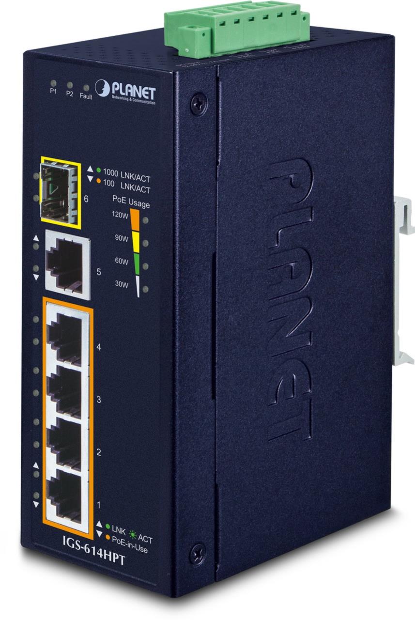 IP40 Industrial 4Port Gbit 802.3at PoE + 1Port Gbit + 1-Port Gbit SFP Switch
