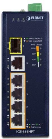IP40 Industrial 4Port Gbit 802.3at PoE + 1Port Gbit + 1-Port Gbit SFP Switch