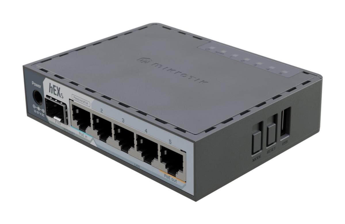 hEX S (2025 version), Dual Core 950MHz CPU, 512MB RAM, 2.5G SFP, 5x 1Gbit, USB