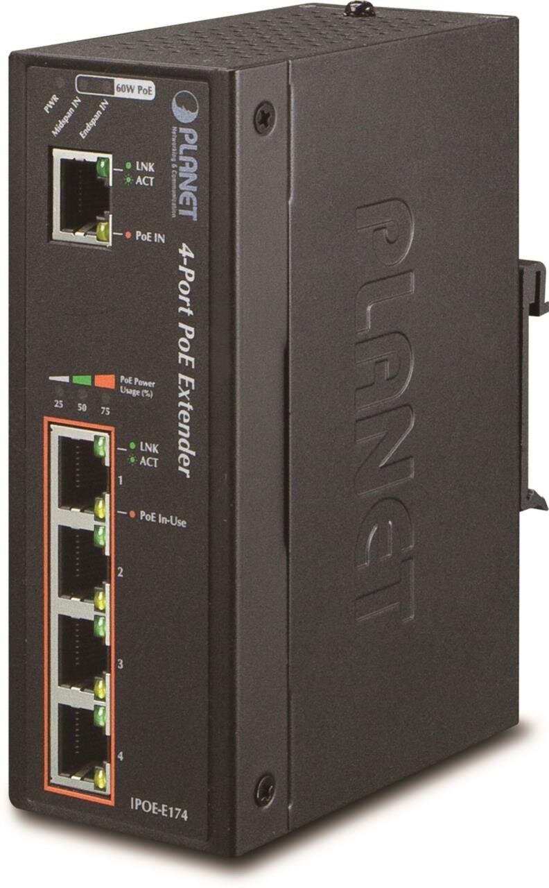 1Port Ultra Gbit PoE to 4Port 802.3af/at Extender Industrial, IP30