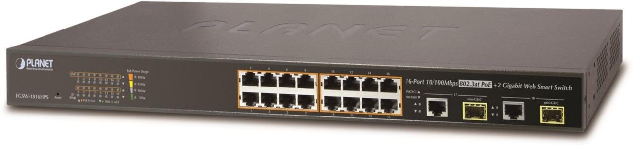 16-Port 10/100TX 802.3at HP POE + 2Port Gbit Combo Web Smart