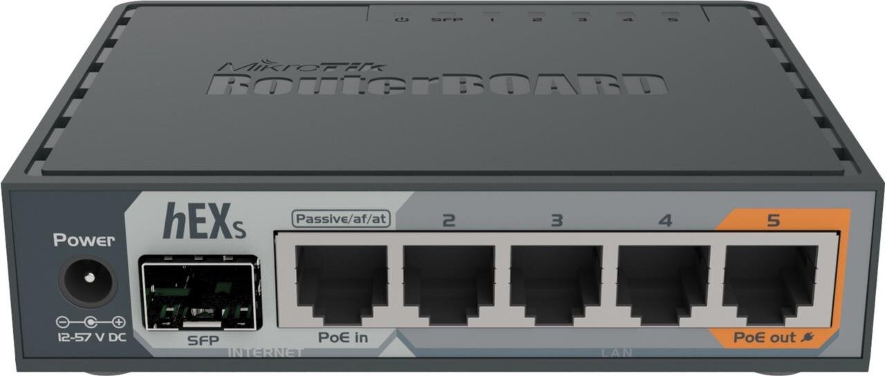 hEX S mit Dual Core 880 MHz CPU, 256 MB RAM, 5 Gbit LAN, 1 SFP Port, PoE Out