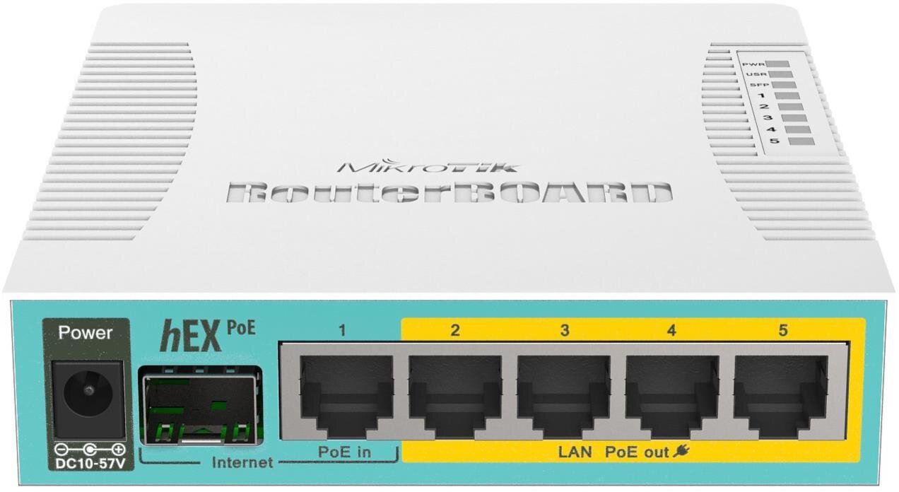 hEX PoE, 800 MHz CPU, 128 MB RAM, 5 Port Gigabit + 1 Port SFP