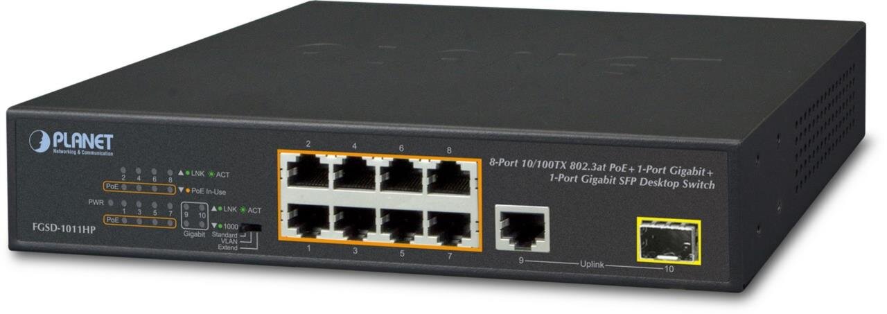8-Port 10/100TX 802.3at POE +  1-Port 10/100/1000T + 1-Port SFP, Desktop Switch