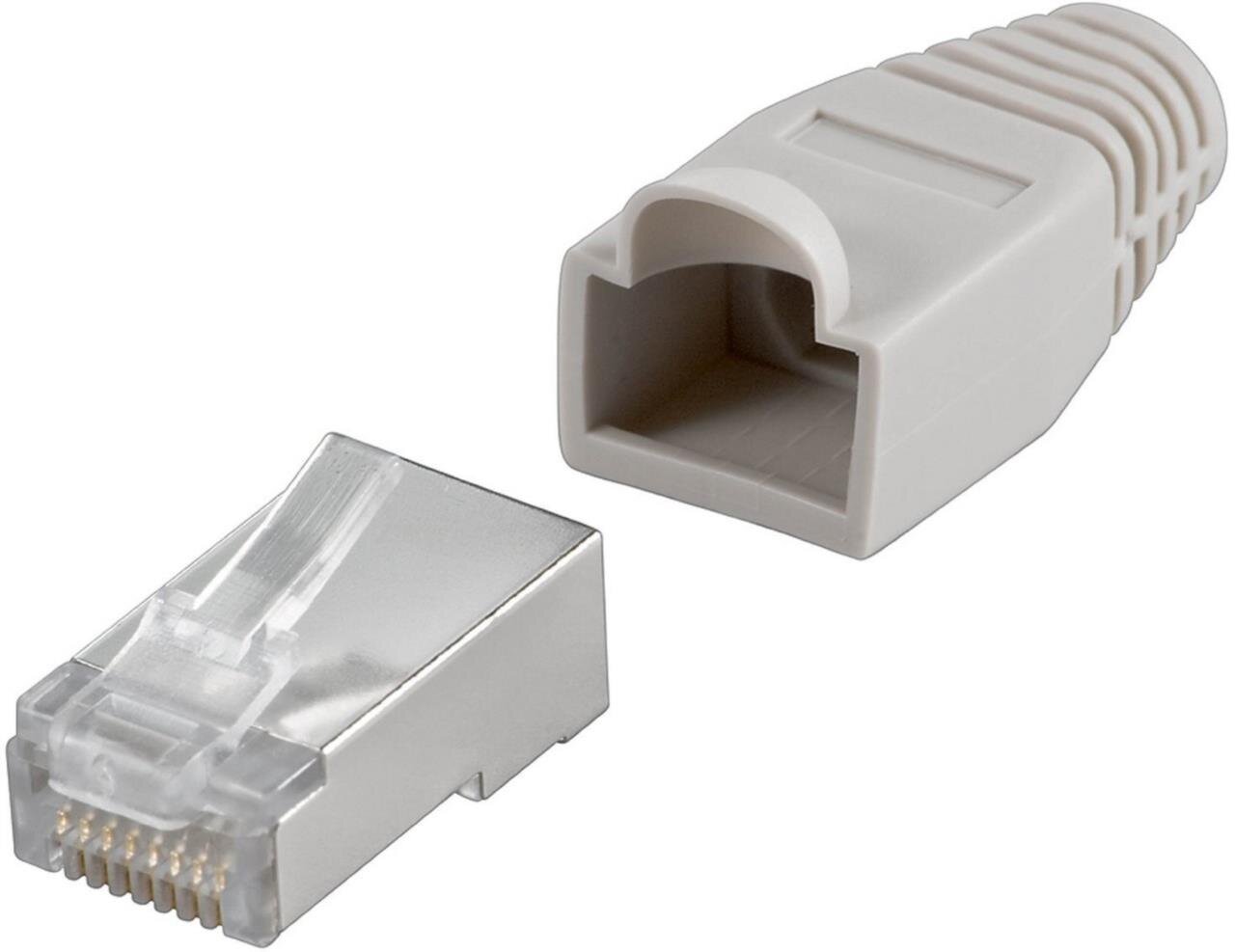 Modularstecker RJ45 (8-Pole / 8-Kontakte), geschirmt, mit Tülle, grau