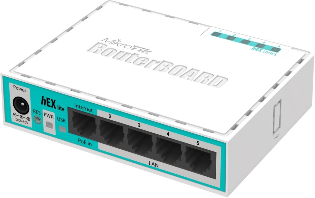 hEX lite mit 850MHz CPU, 64MB RAM, 5 LAN Ports, RouterOS L4, Plastik Gehäuse