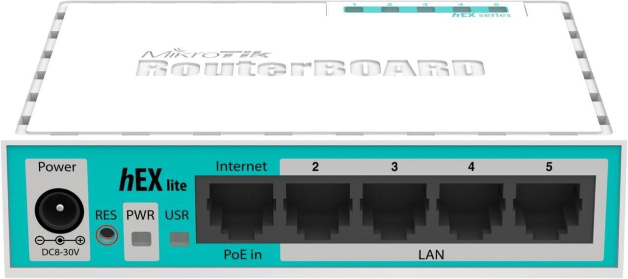 hEX lite mit 850MHz CPU, 64MB RAM, 5 LAN Ports, RouterOS L4, Plastik Gehäuse