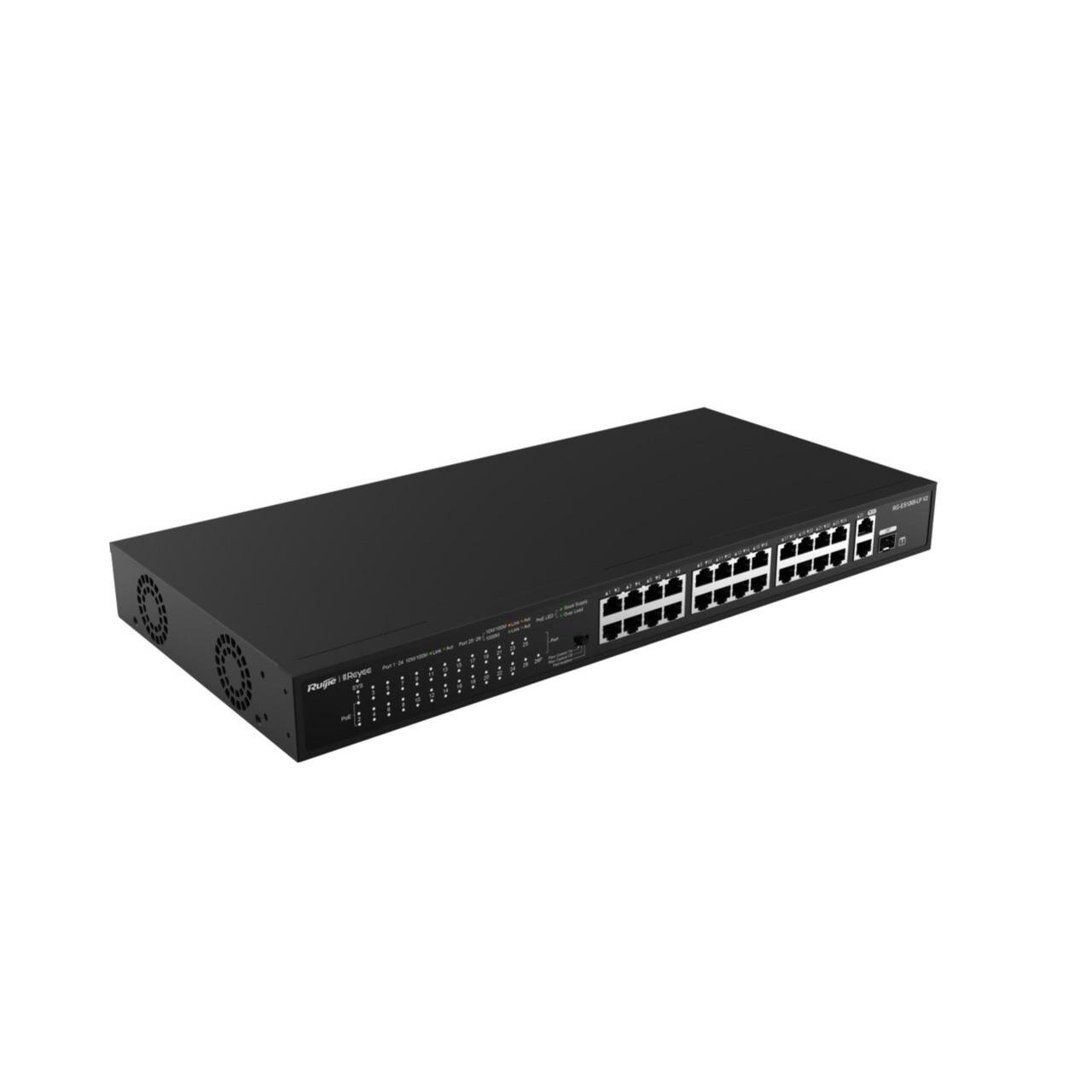 Reyee 24-Port 10/100Mbps, 2x 1Gbit unmanaged Switch, PoE, 180W