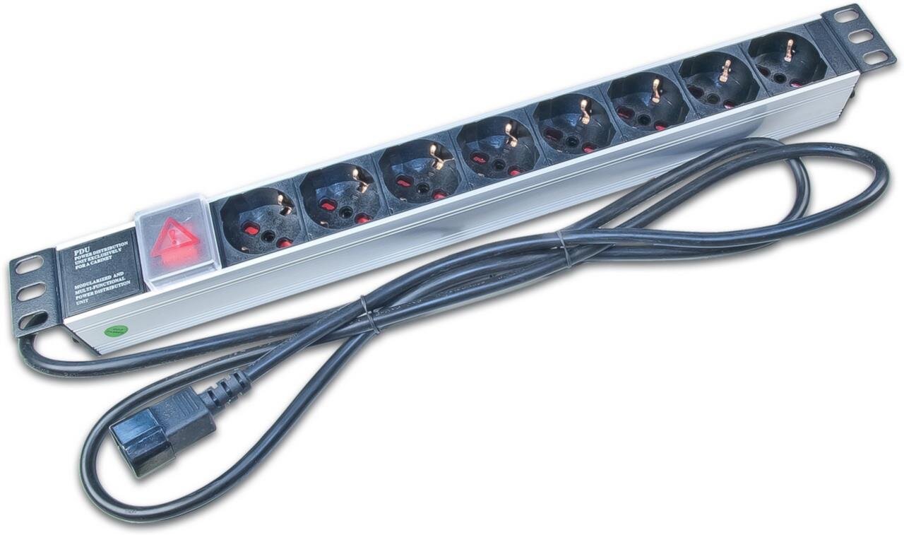 19'' 1HE Steckdosenleiste mit 8x Schuko- Buchsen,